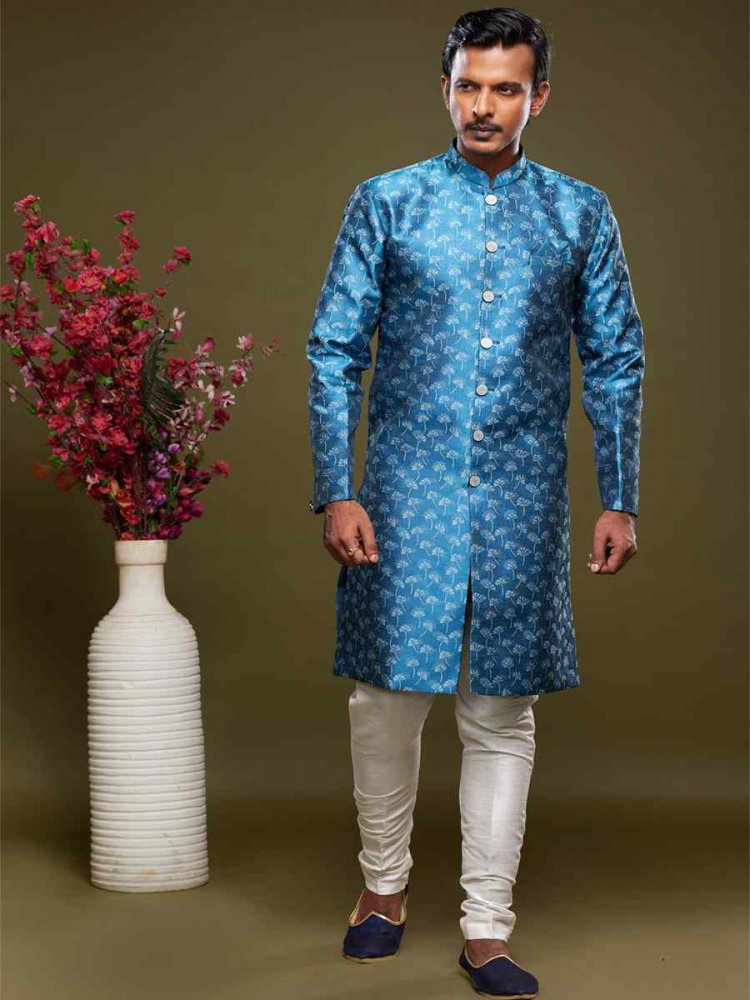 Blue Banarasi Jacquard Woven Wedding Party Sherwani