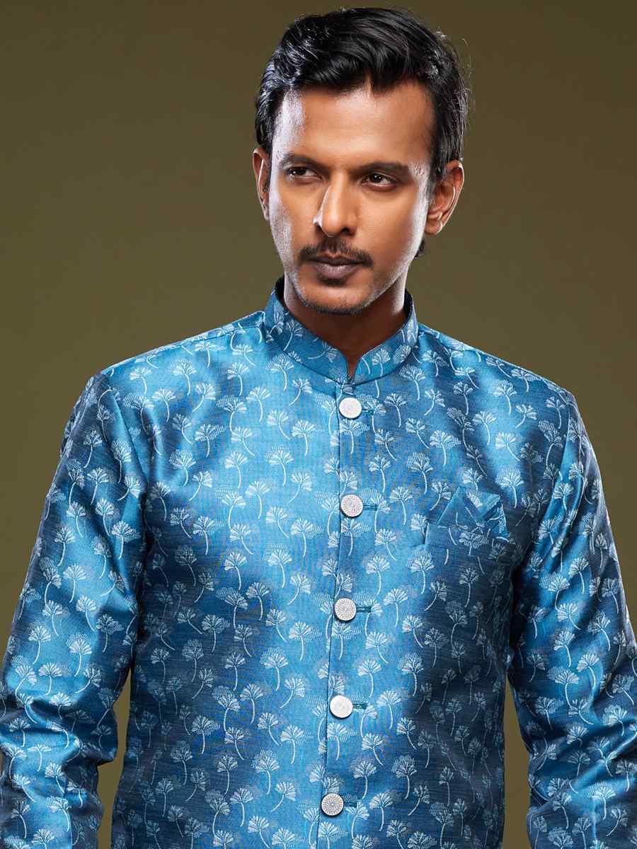 Blue Banarasi Jacquard Woven Wedding Party Sherwani