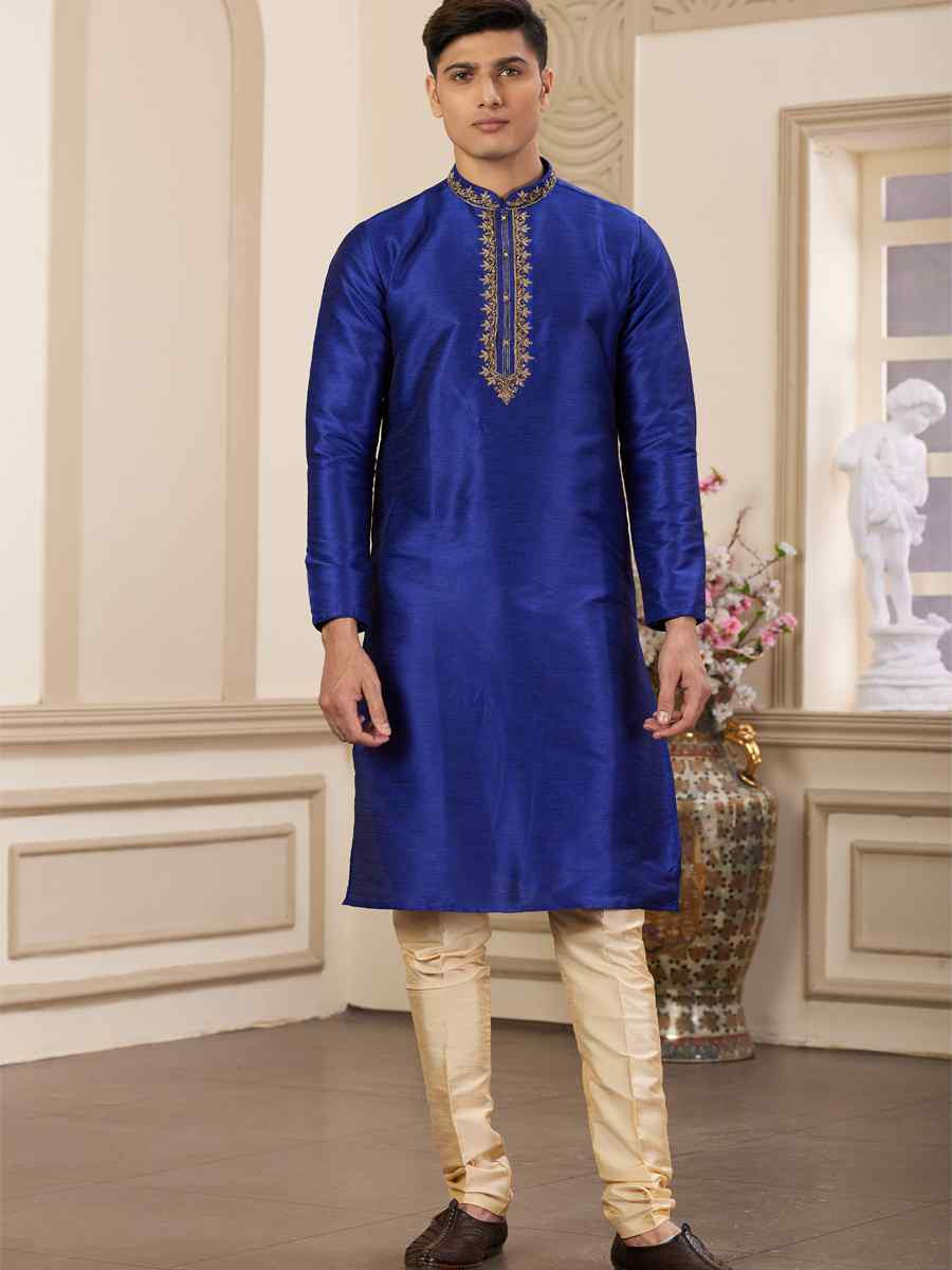 Blue Banarasi Silk Embroidered Festival Party Kurta