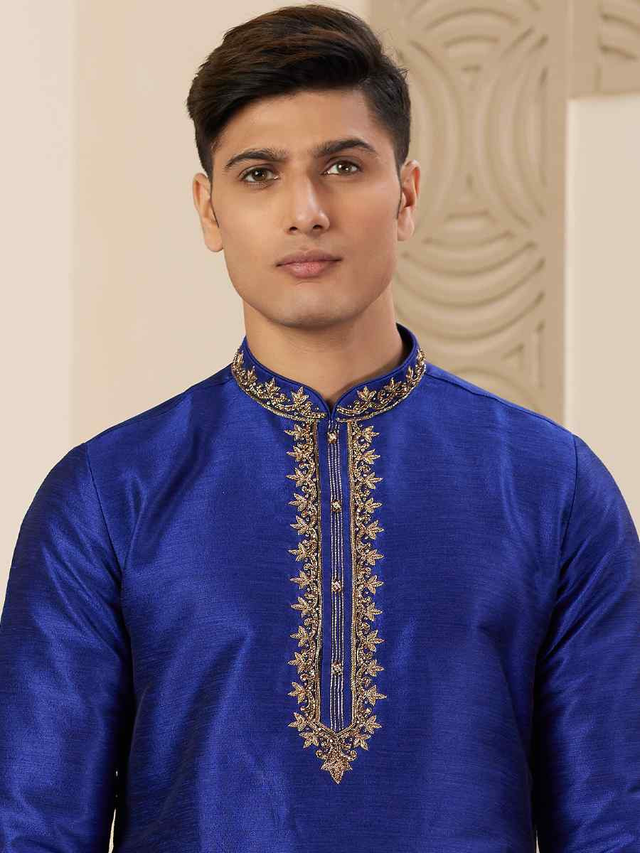 Blue Banarasi Silk Embroidered Festival Party Kurta