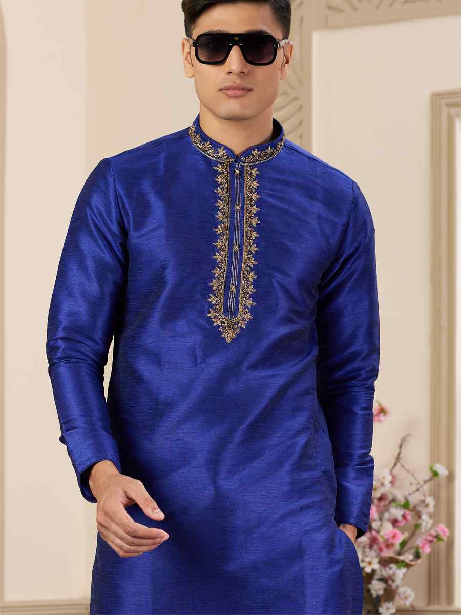 Blue Banarasi Silk Embroidered Festival Party Kurta