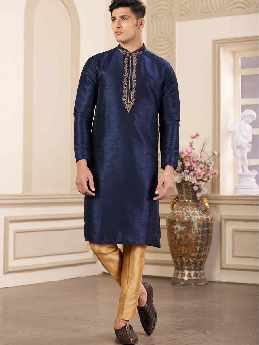 Blue Banarasi Silk Embroidered Festival Party Kurta