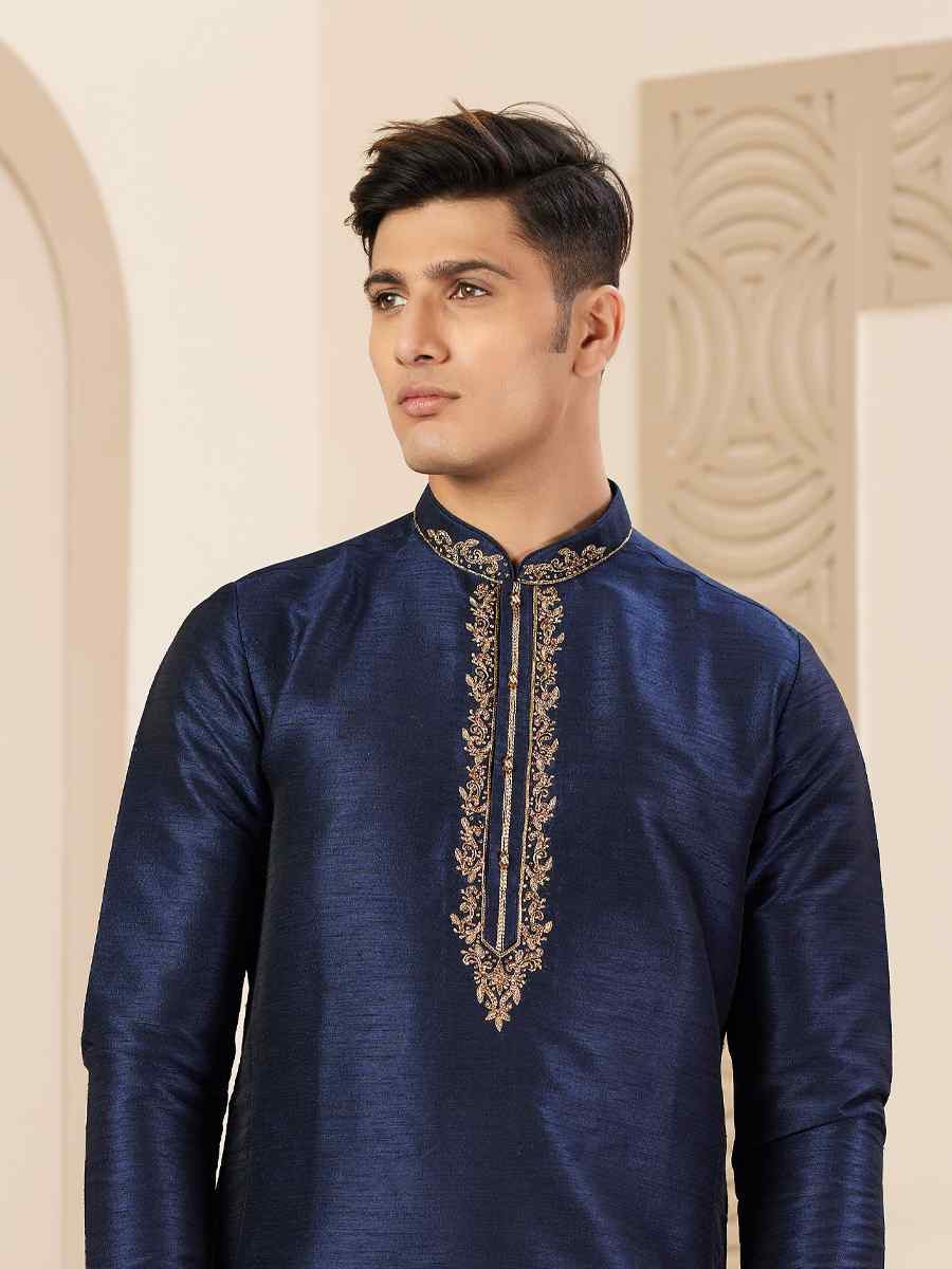 Blue Banarasi Silk Embroidered Festival Party Kurta