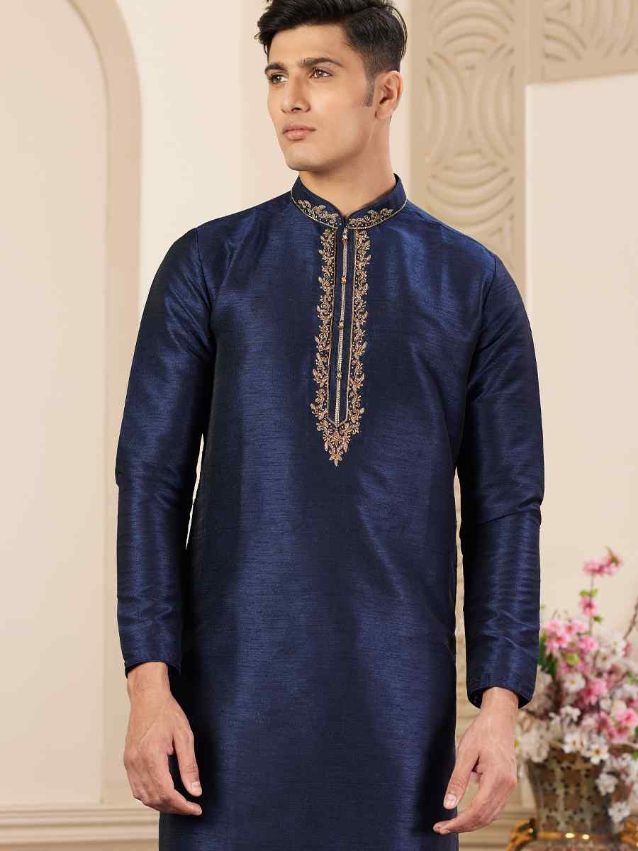 Blue Banarasi Silk Embroidered Festival Party Kurta