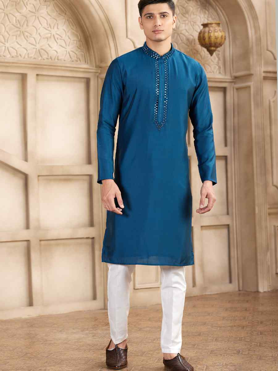 Blue Banarasi Silk Embroidered Festival Party Kurta