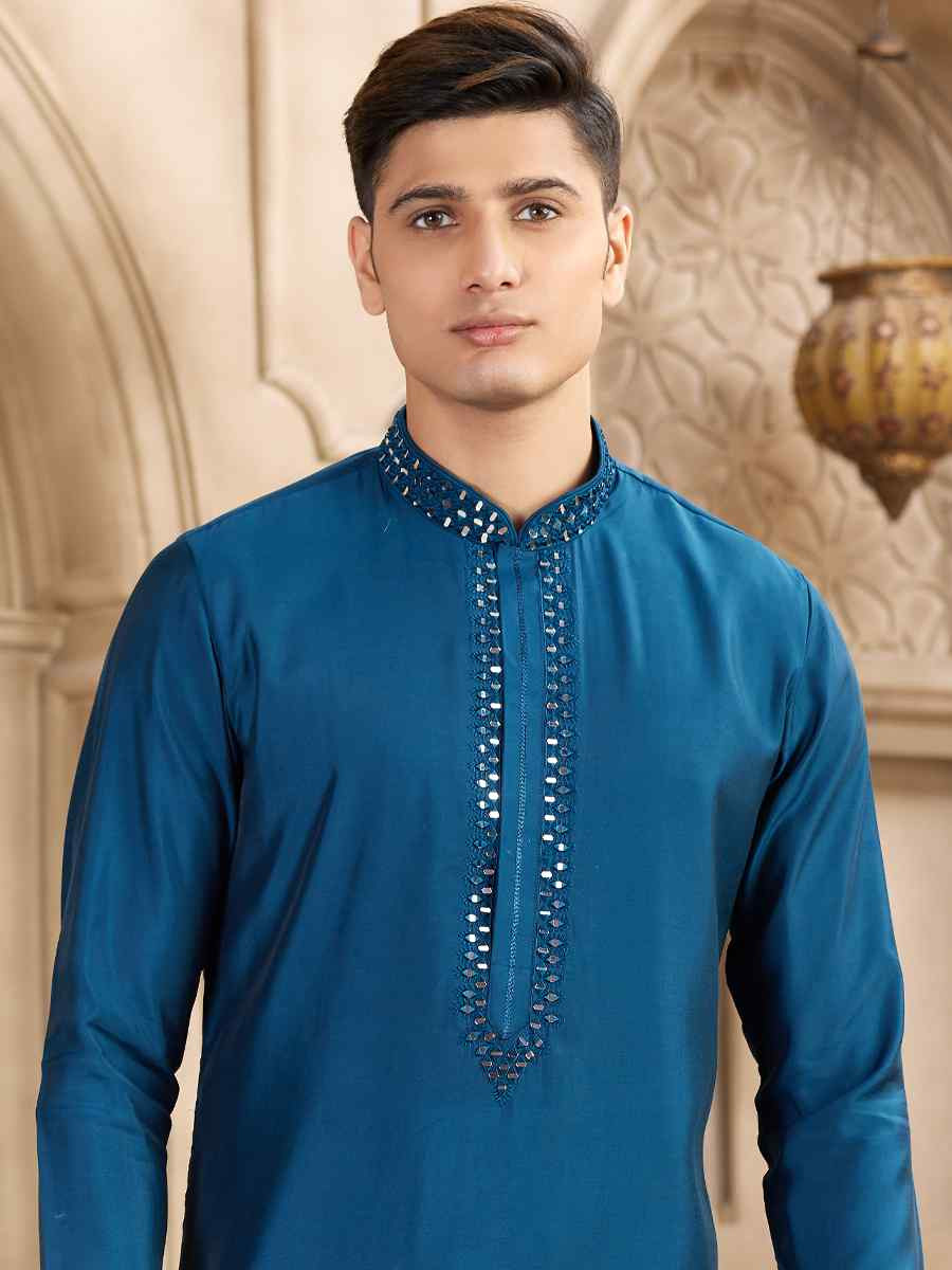 Blue Banarasi Silk Embroidered Festival Party Kurta