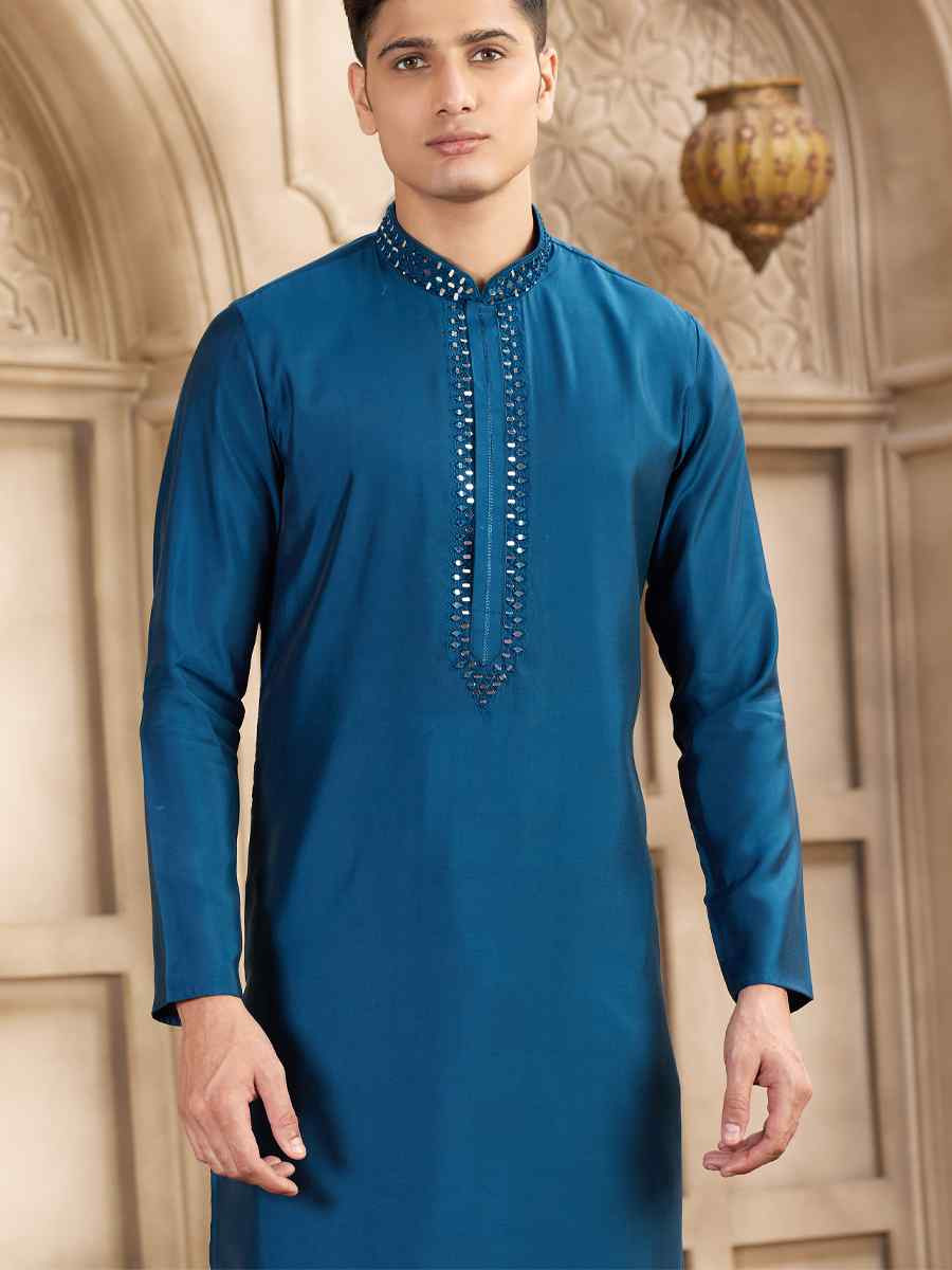 Blue Banarasi Silk Embroidered Festival Party Kurta