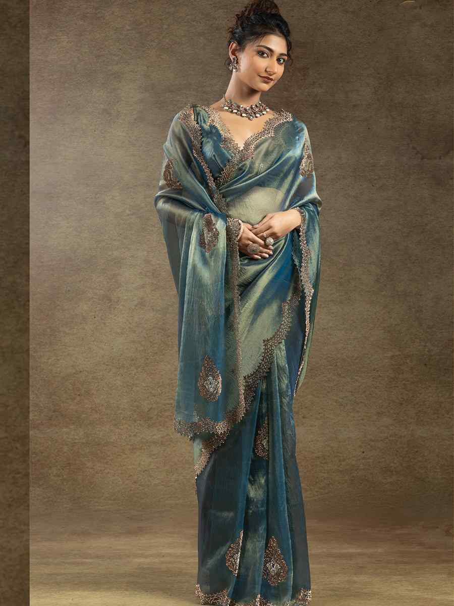 Blue Banarasi Silk Embroidered Festival Wedding Fancy Heavy Border Saree