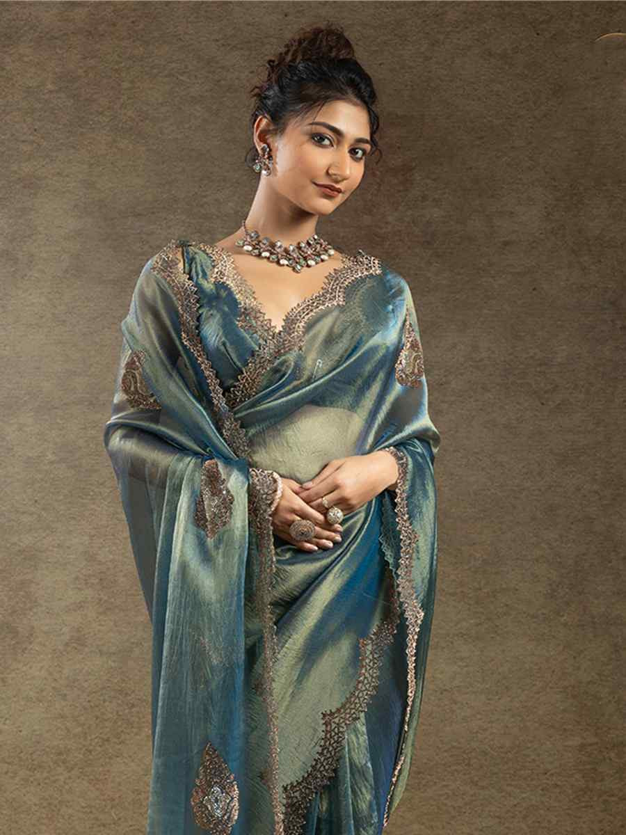 Blue Banarasi Silk Embroidered Festival Wedding Fancy Heavy Border Saree