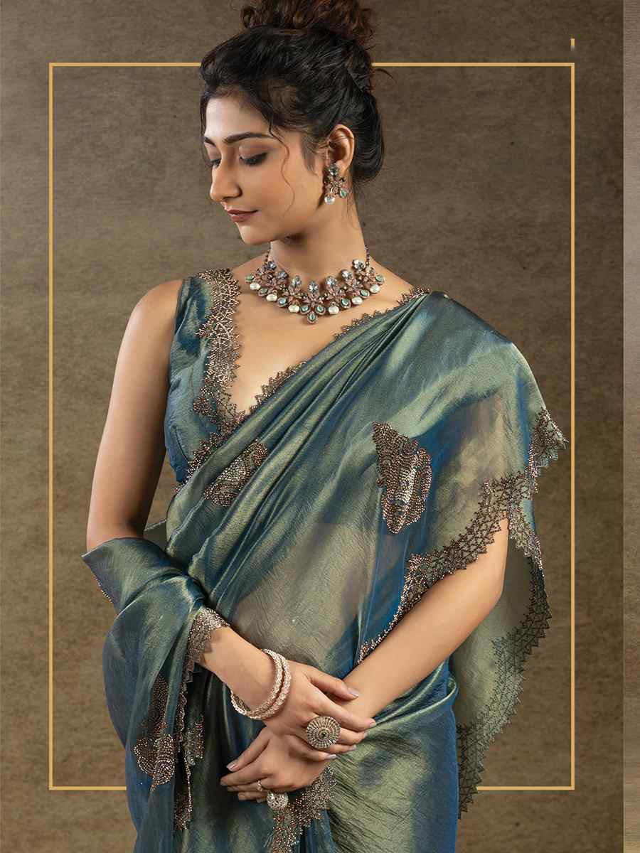 Blue Banarasi Silk Embroidered Festival Wedding Fancy Heavy Border Saree