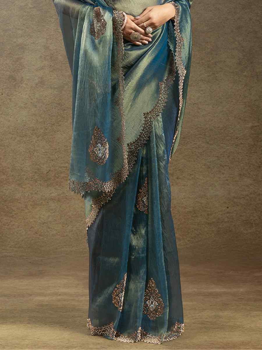 Blue Banarasi Silk Embroidered Festival Wedding Fancy Heavy Border Saree