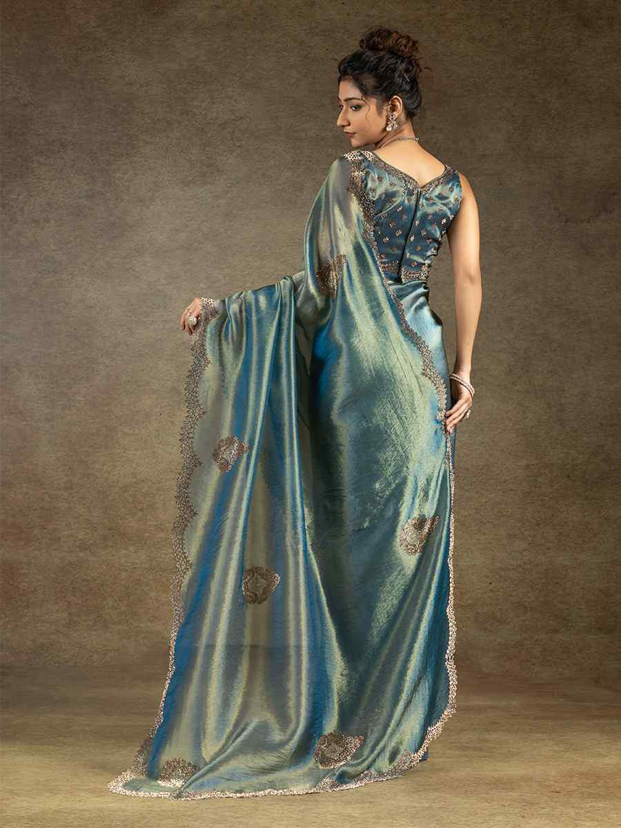 Blue Banarasi Silk Embroidered Festival Wedding Fancy Heavy Border Saree