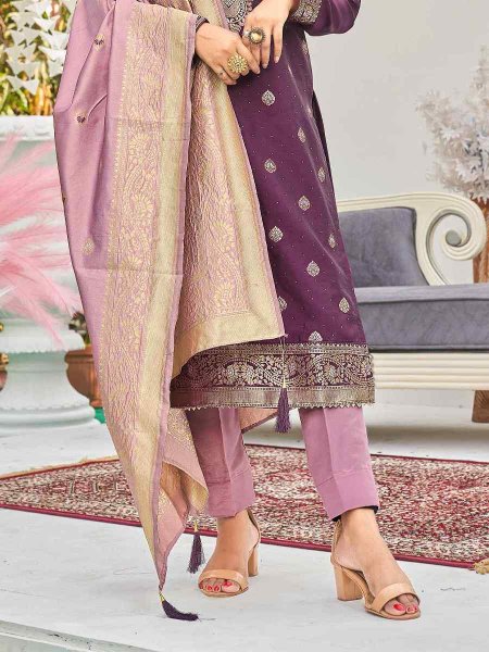Purple Banarasi Silk Embroidered Festival Wedding Pant Salwar Kameez