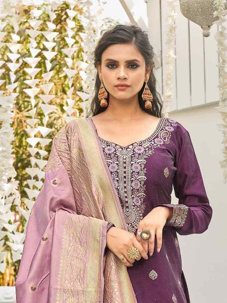 Purple Banarasi Silk Embroidered Festival Wedding Pant Salwar Kameez
