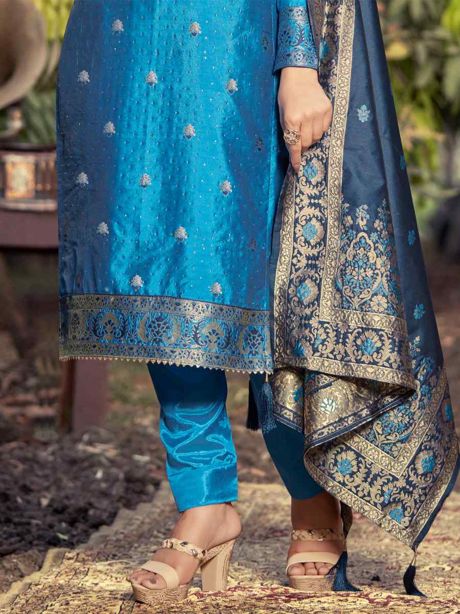 Blue Banarasi Silk Embroidered Mehendi Festival Pant Salwar Kameez