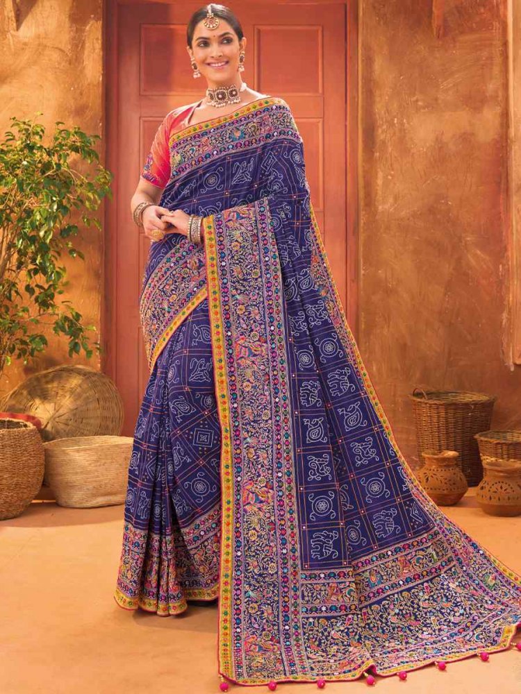 Blue Banarasi Silk Embroidered Party Festival Heavy Border Saree