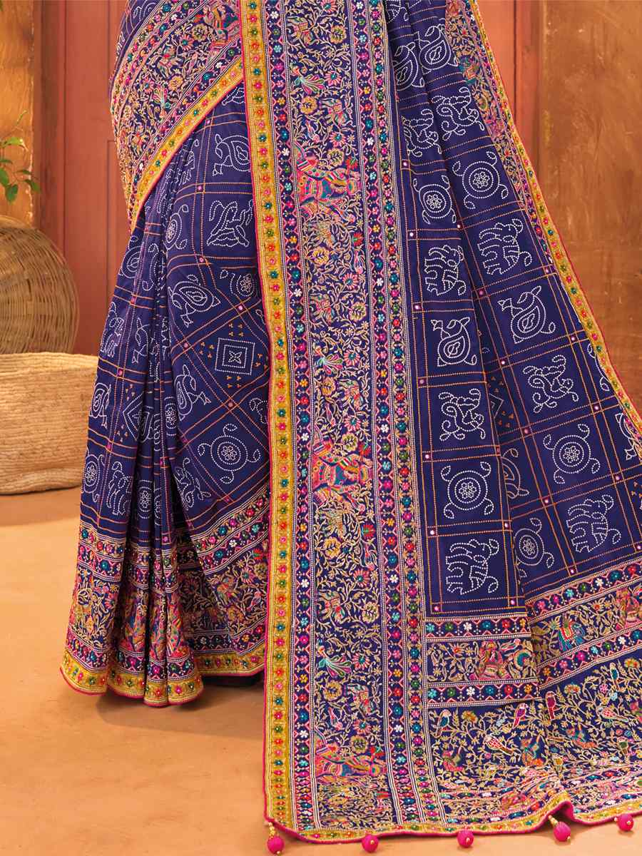 Blue Banarasi Silk Embroidered Party Festival Heavy Border Saree