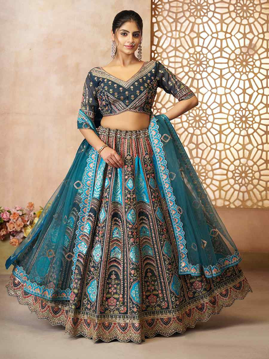 Blue Banarasi silk Embroidered Wedding Bridesmaid Heavy Border Lehenga Choli