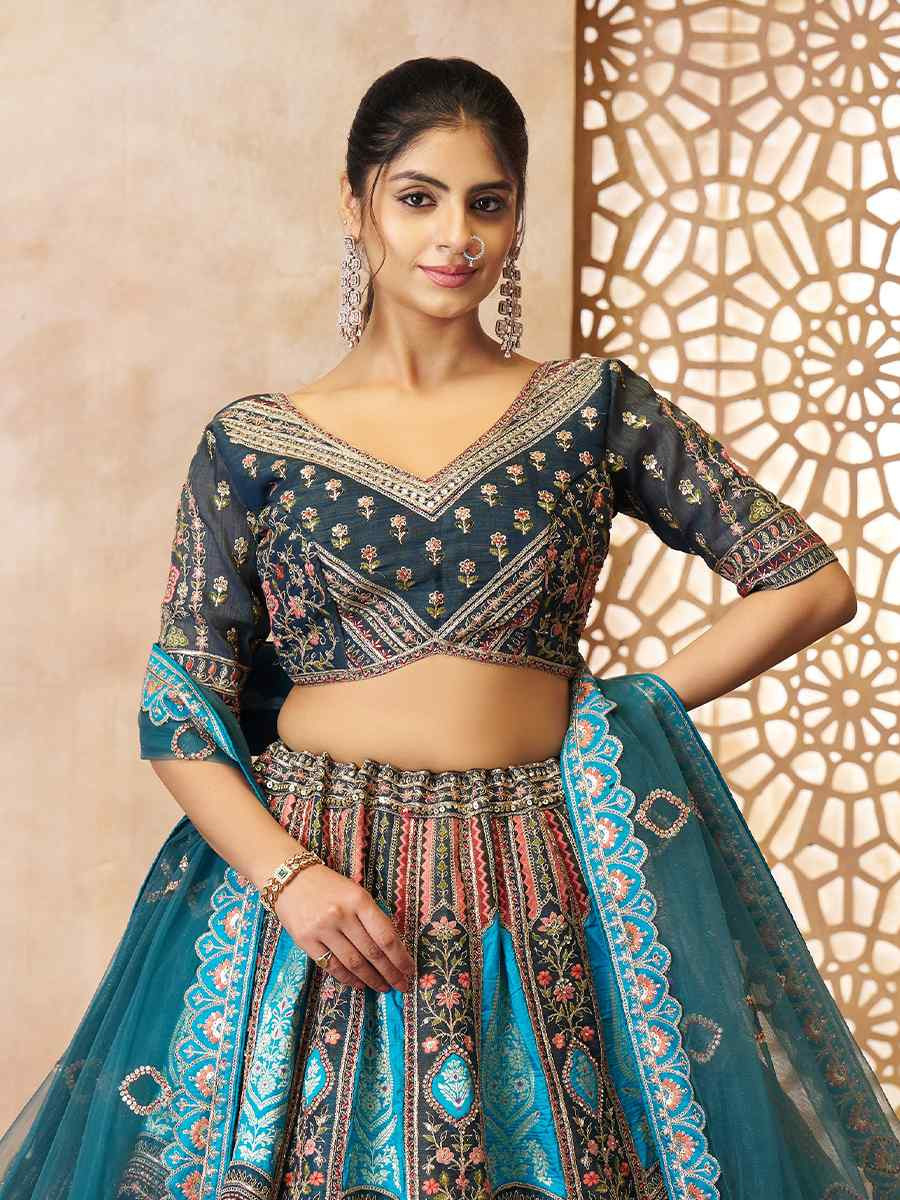 Blue Banarasi silk Embroidered Wedding Bridesmaid Heavy Border Lehenga Choli
