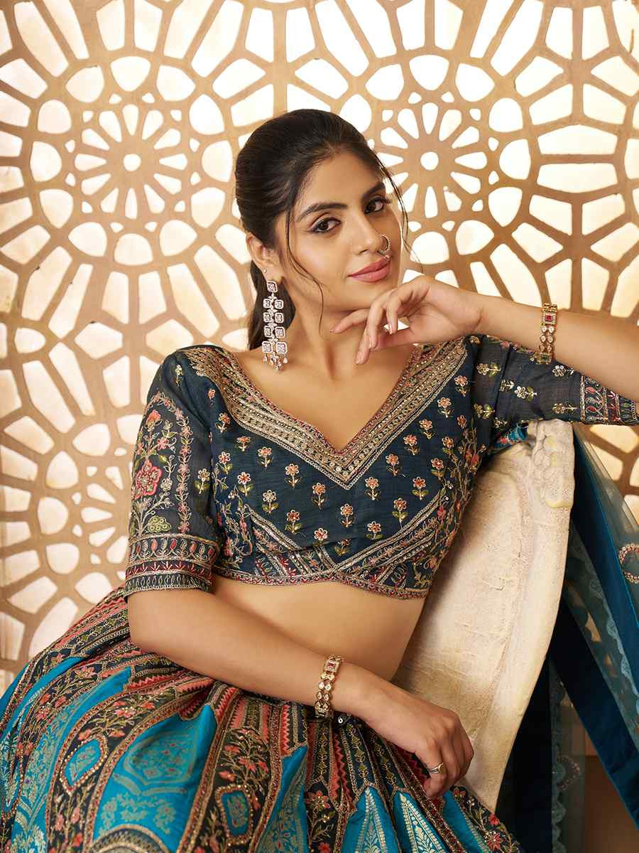 Blue Banarasi silk Embroidered Wedding Bridesmaid Heavy Border Lehenga Choli