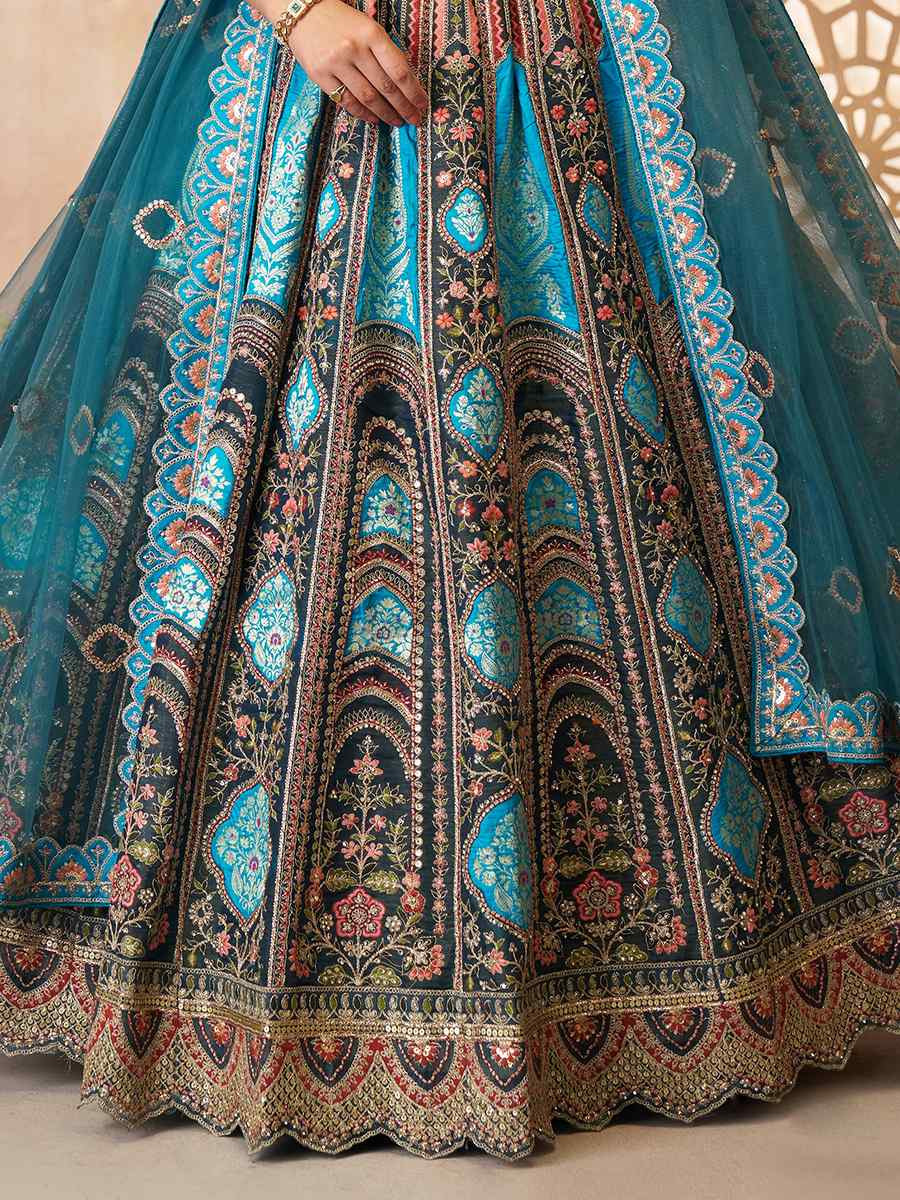 Blue Banarasi silk Embroidered Wedding Bridesmaid Heavy Border Lehenga Choli
