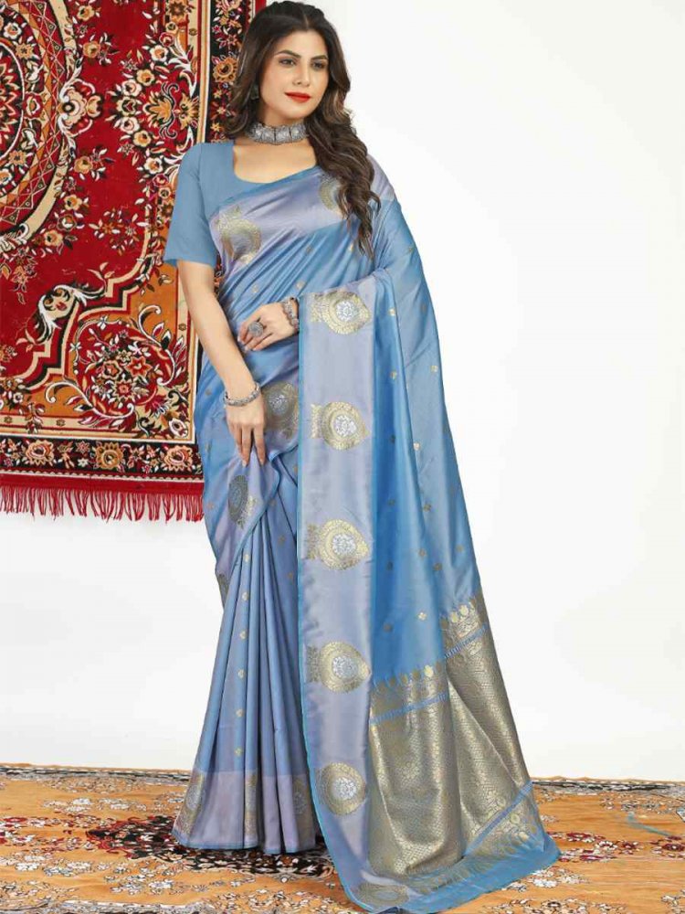 Blue Banarasi Silk Handwoven Festival Casual Classic Style Saree