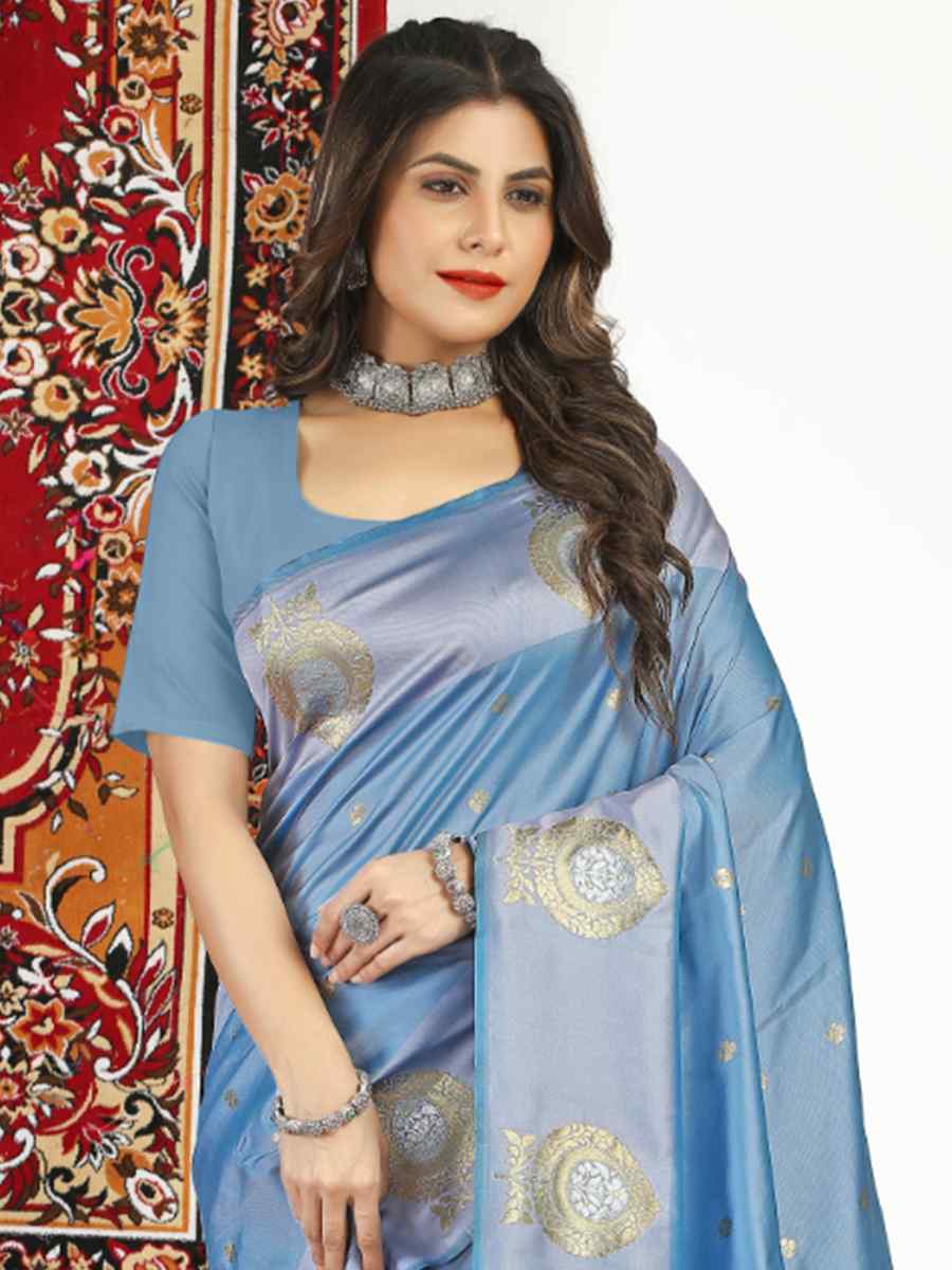 Blue Banarasi Silk Handwoven Festival Casual Classic Style Saree