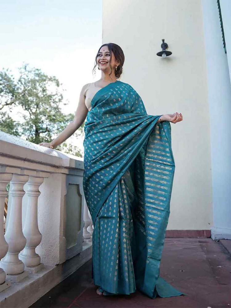 Image of Blue Banarasi Silk Handwoven Party Festival Wedding Traditional Fancy Classic Style Sarees