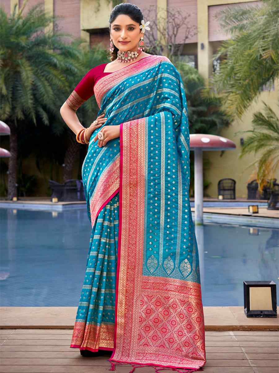 Blue Banarasi Silk Handwoven Wedding Festival Heavy Border Saree