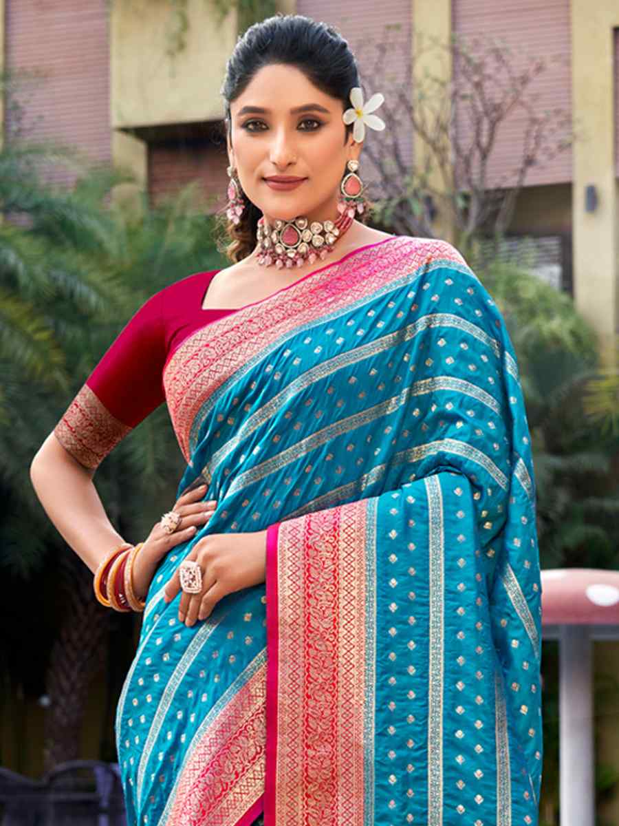 Blue Banarasi Silk Handwoven Wedding Festival Heavy Border Saree