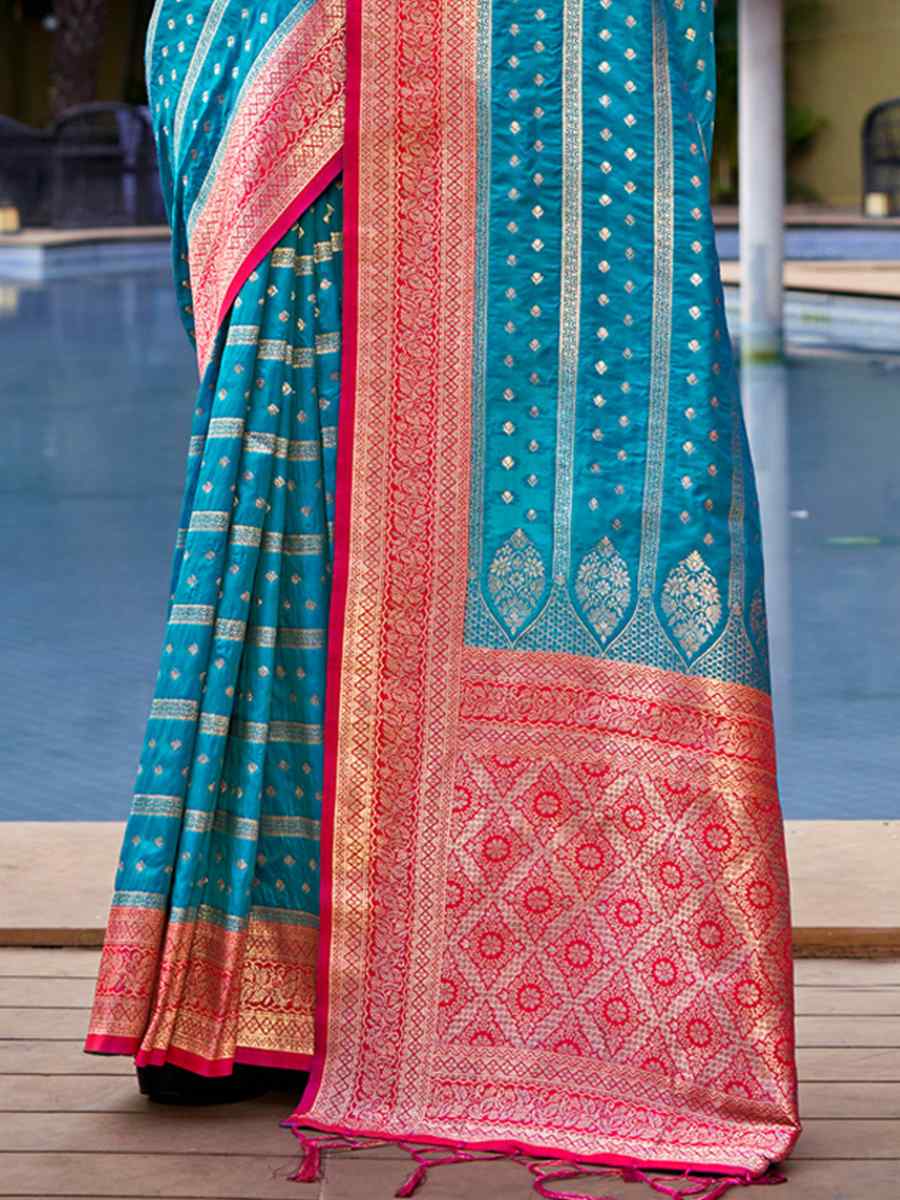 Blue Banarasi Silk Handwoven Wedding Festival Heavy Border Saree
