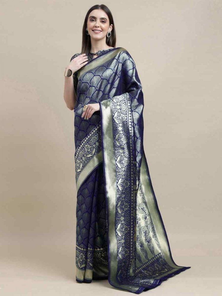 Blue Banarasi Silk Handwoven Wedding Festival Heavy Border Saree