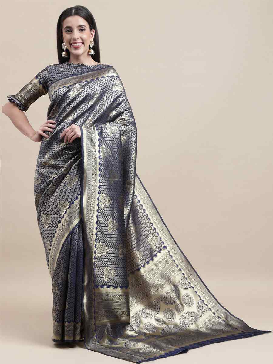 Blue Banarasi Silk Handwoven Wedding Festival Heavy Border Saree