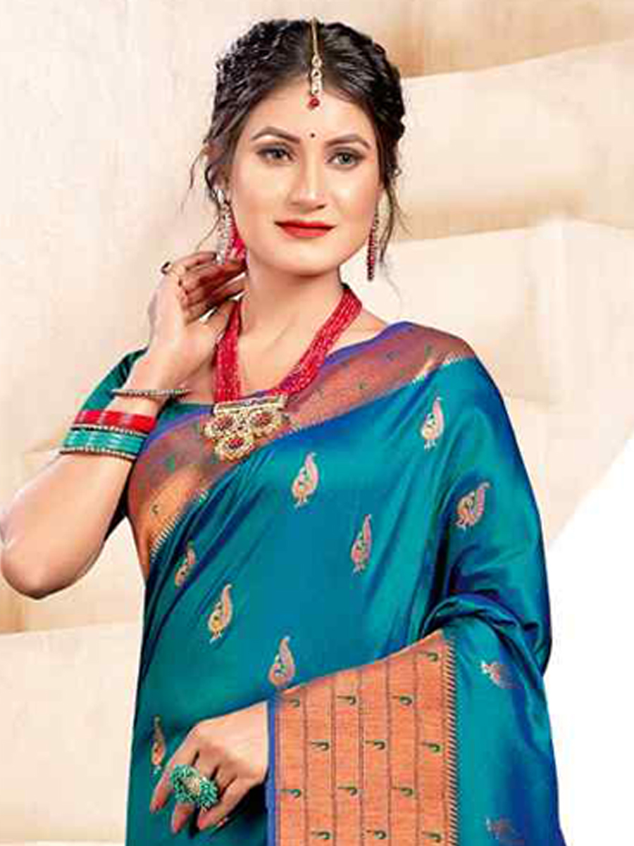 Blue Banarasi Silk Handwoven Wedding Festival Heavy Border Saree