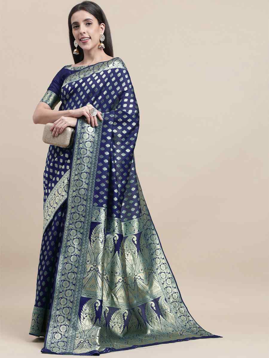Blue Banarasi Silk Handwoven Wedding Festival Heavy Border Saree