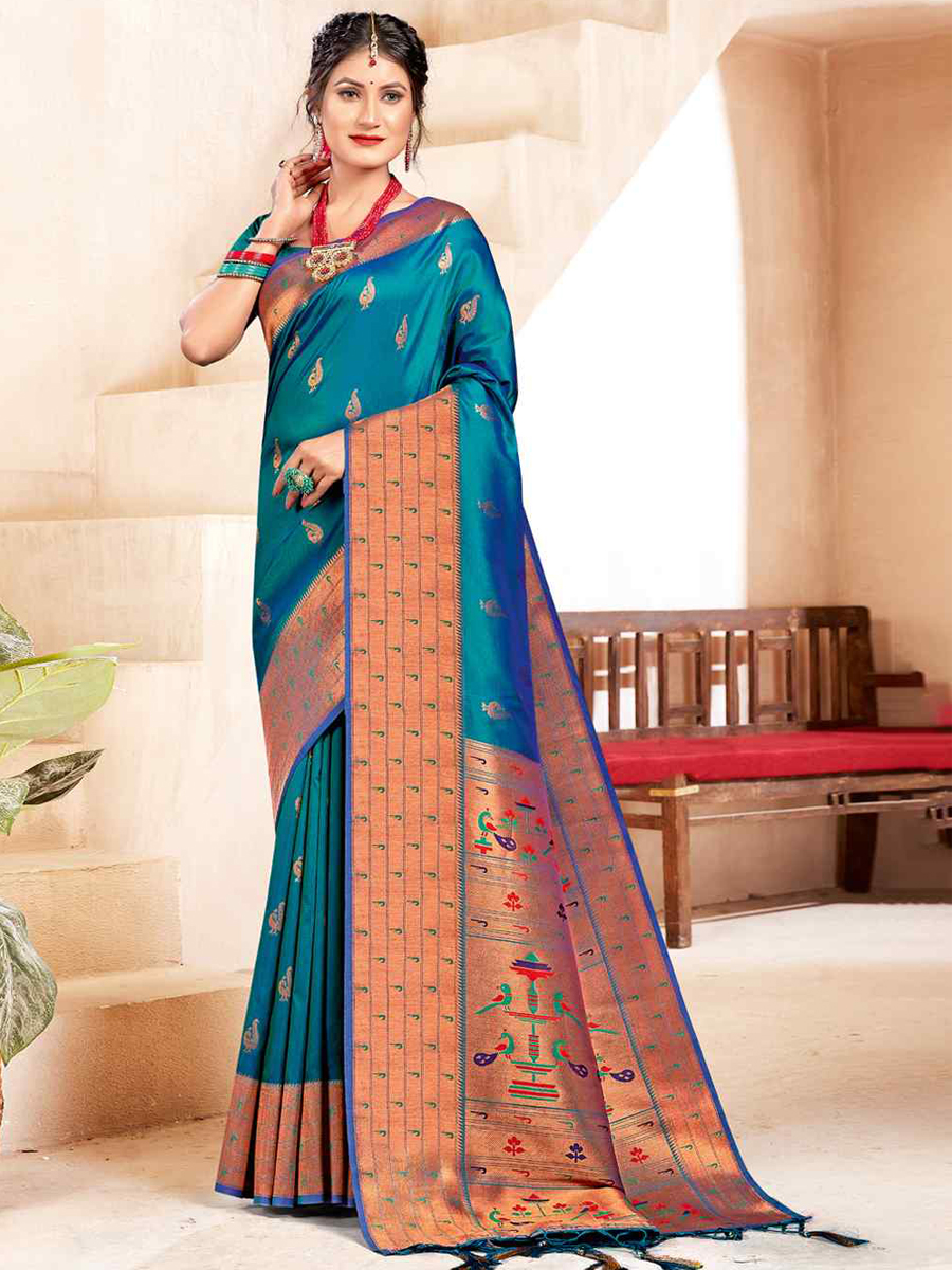 Blue Banarasi Silk Handwoven Wedding Festival Heavy Border Saree
