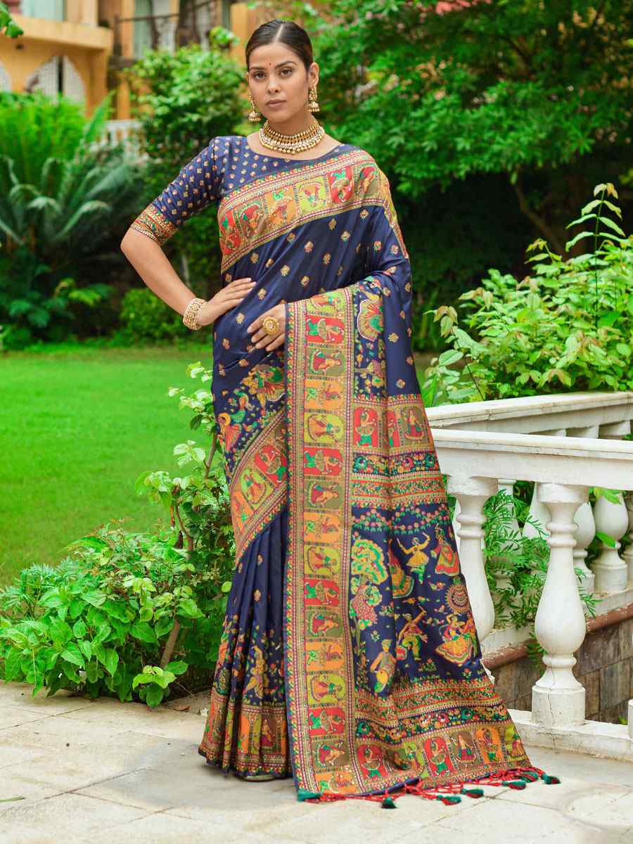 Blue Banarasi Silk Handwoven Wedding Festival Heavy Border Saree