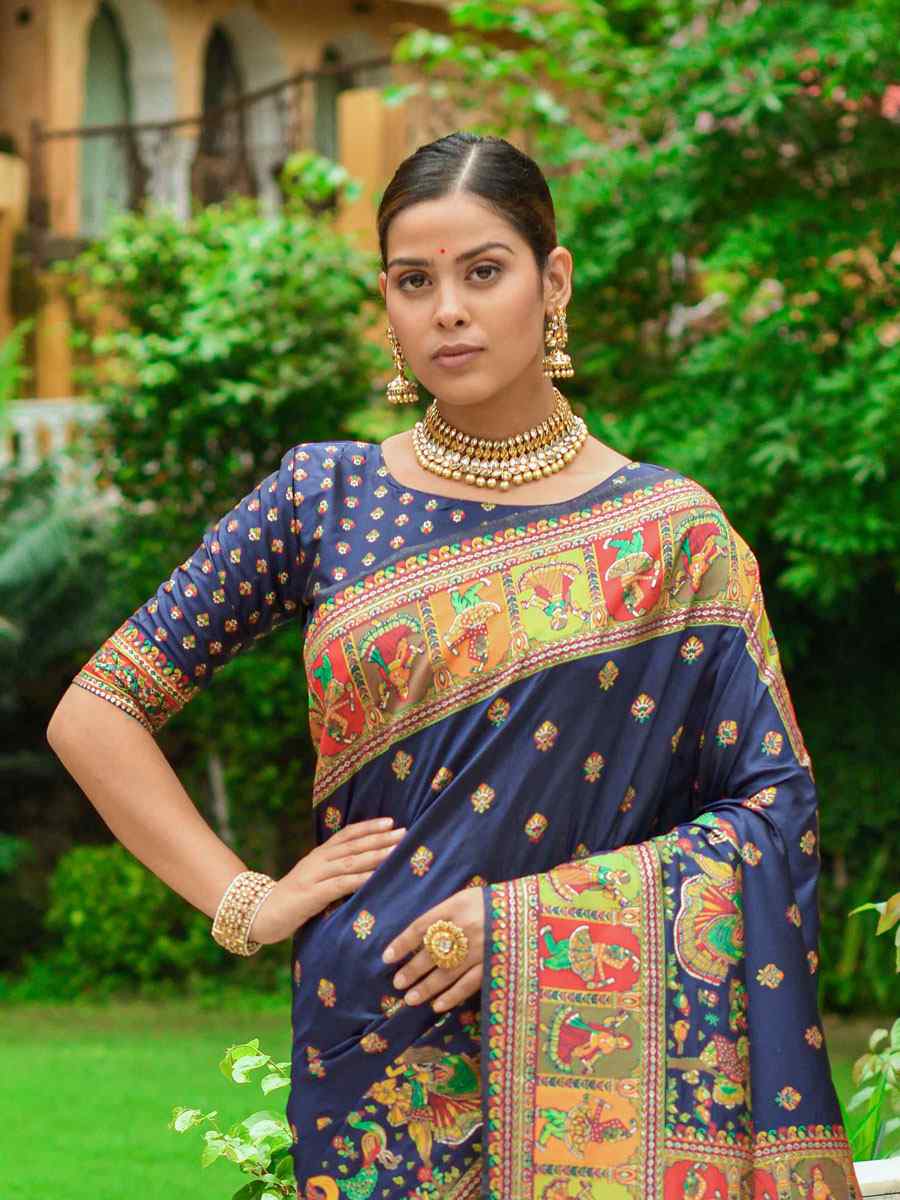 Blue Banarasi Silk Handwoven Wedding Festival Heavy Border Saree