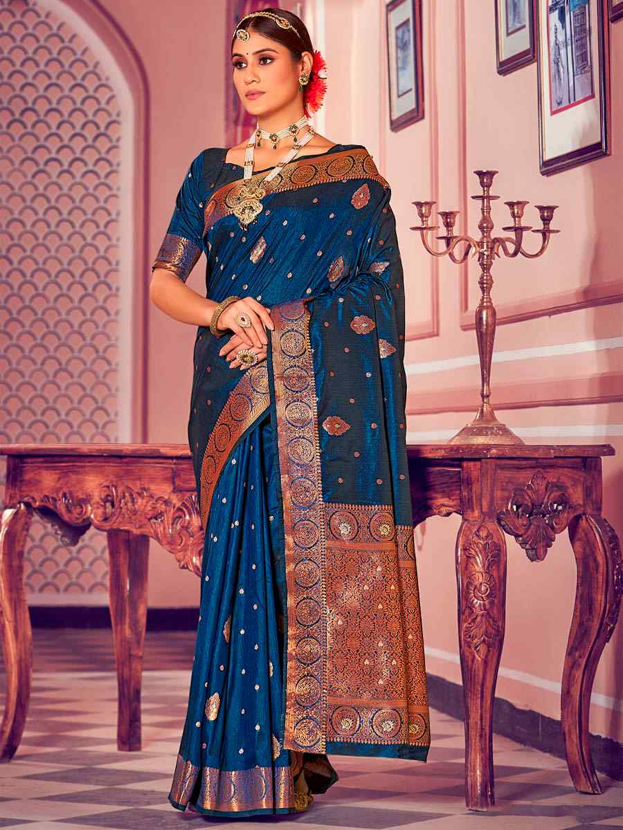 Blue Banarasi Silk Handwoven Wedding Festival Heavy Border Saree