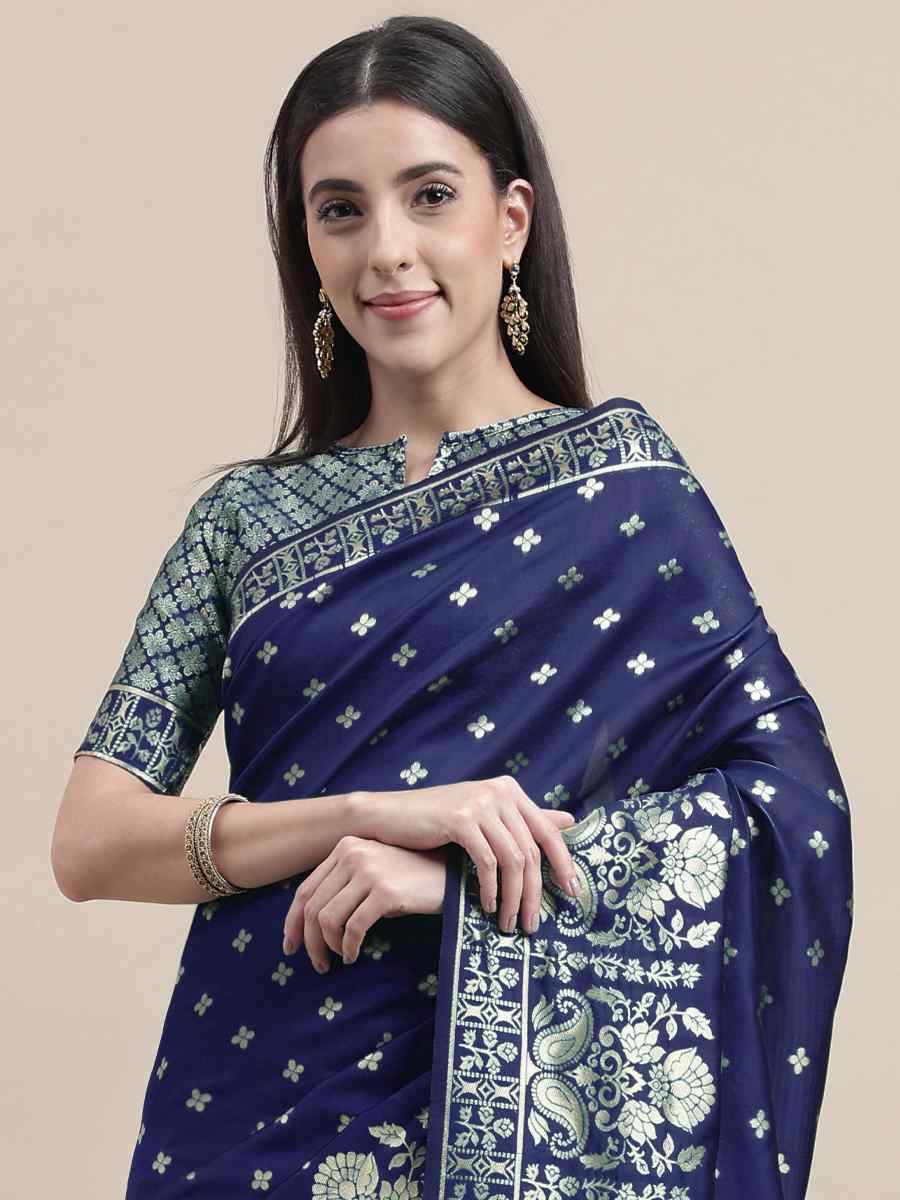 Blue Banarasi Silk Handwoven Wedding Festival Heavy Border Saree