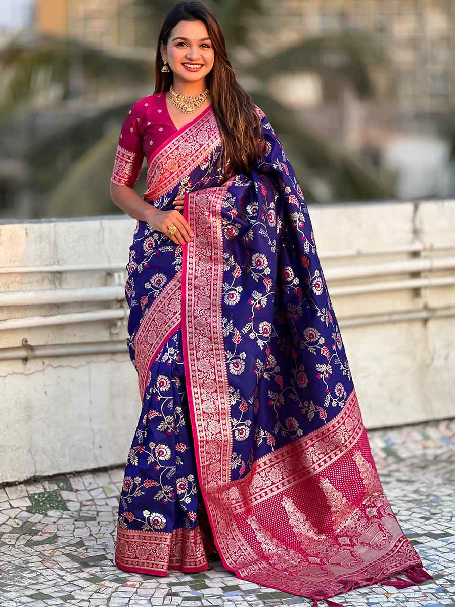 Blue Banarasi Silk Handwoven Wedding Festival Heavy Border Saree