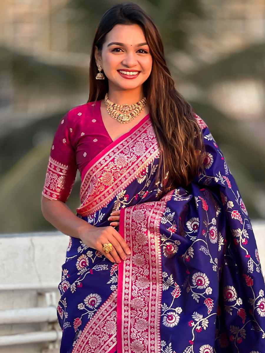 Blue Banarasi Silk Handwoven Wedding Festival Heavy Border Saree