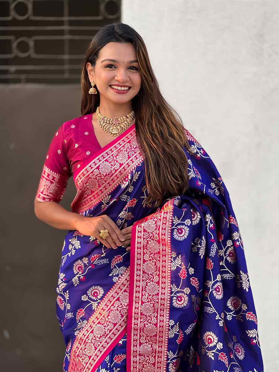 Blue Banarasi Silk Handwoven Wedding Festival Heavy Border Saree