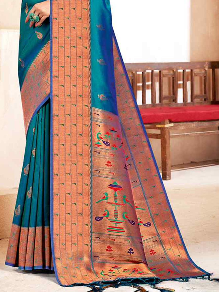 Blue Banarasi Silk Handwoven Wedding Festival Heavy Border Saree