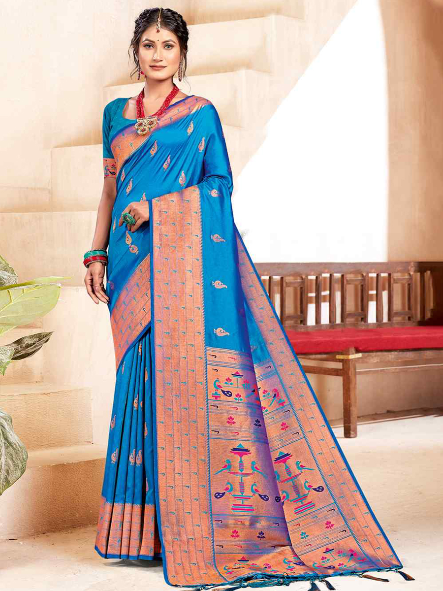 Blue Banarasi Silk Handwoven Wedding Festival Heavy Border Saree