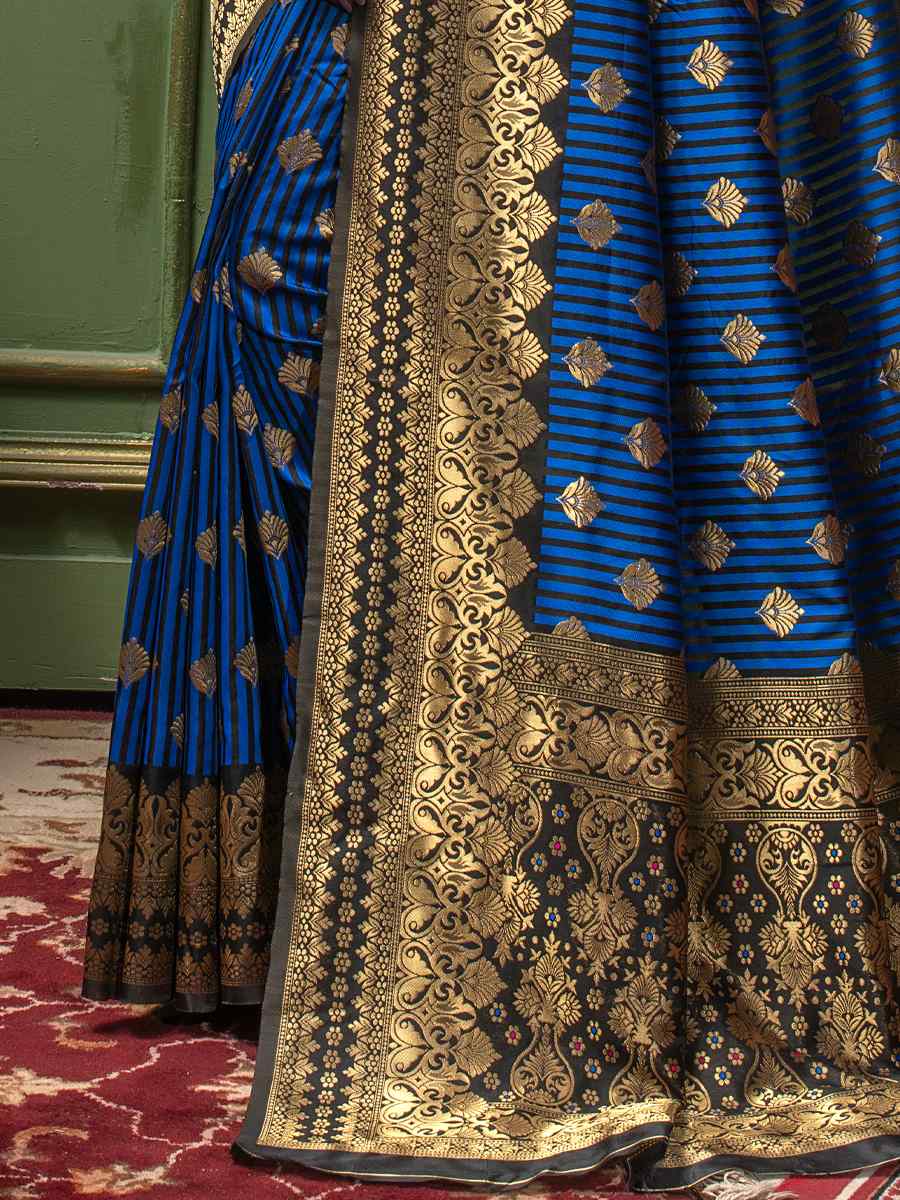 Blue Banarasi Silk Handwoven Wedding Festival Heavy Border Saree