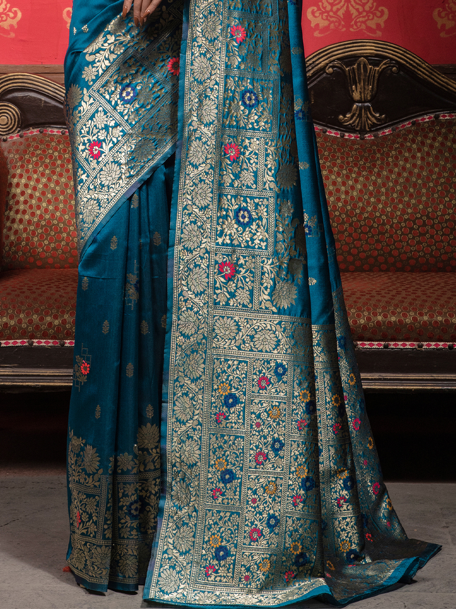 Blue Banarasi Silk Handwoven Wedding Festival Heavy Border Saree