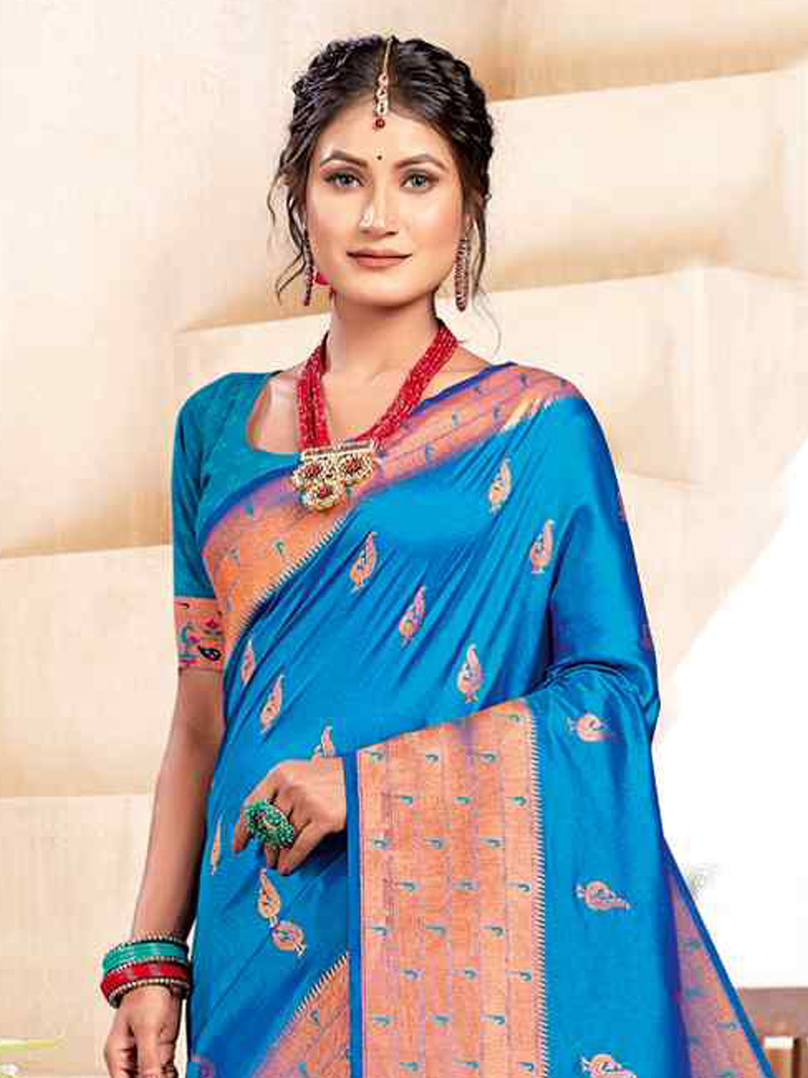 Blue Banarasi Silk Handwoven Wedding Festival Heavy Border Saree