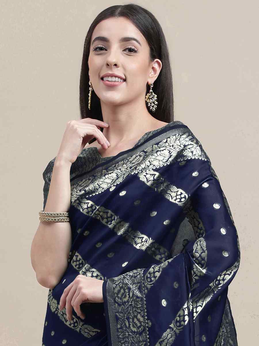 Blue Banarasi Silk Handwoven Wedding Festival Heavy Border Saree