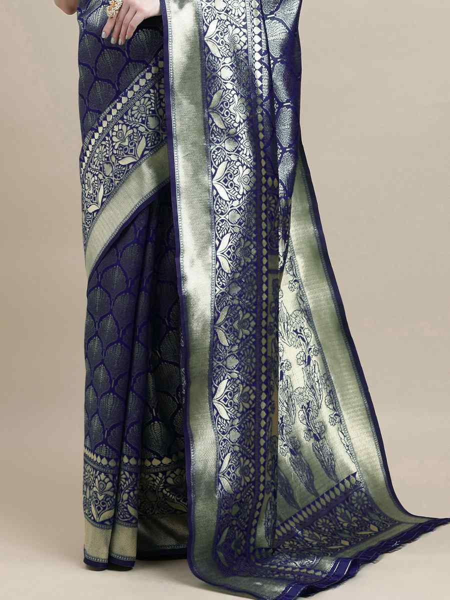 Blue Banarasi Silk Handwoven Wedding Festival Heavy Border Saree